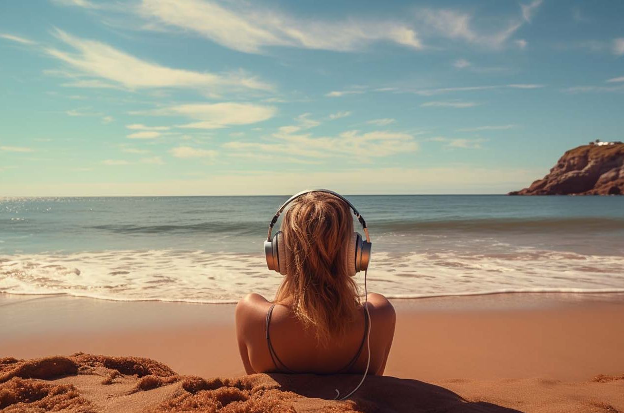 Girl on a beach with headphones listening to a podcast